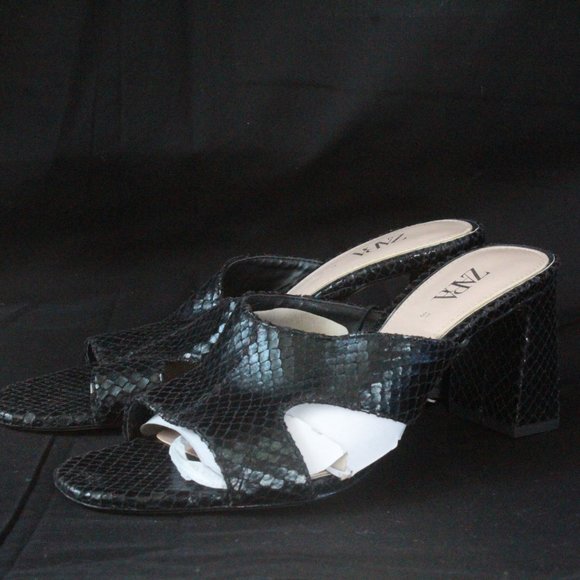 NEW ZARA BLACK SNAKE LEATHER SLIDE MULE SANDALS - Picture 1 of 5